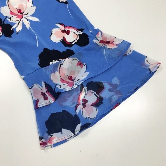 Roz & Ali Floral Flutter Sleeve Ruffle Bell Blue Pink Blouse Flowy Dressy Top XS - Picture 10 of 16